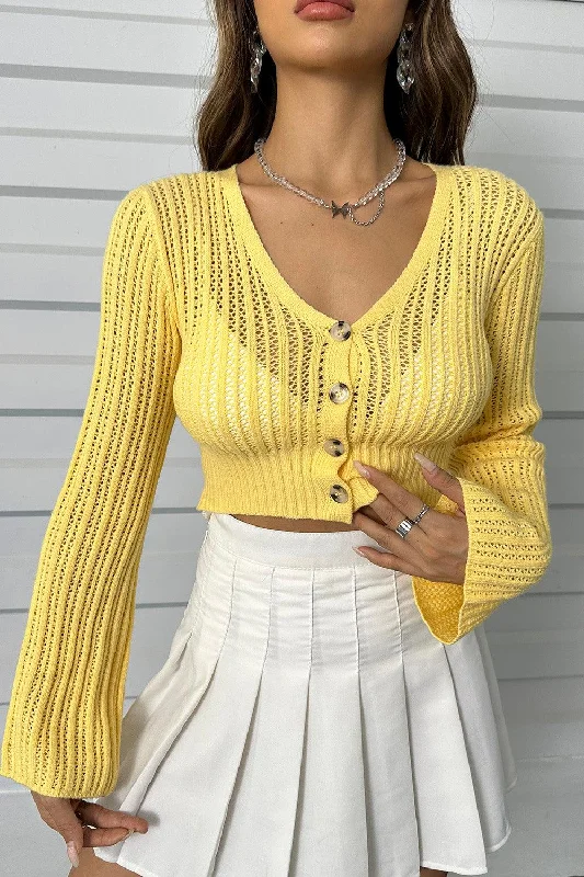 Openwork Button Up Long Sleeve Cropped Cardigan Machine Wash Dry Clean Hand Wash Machine Wash Dry Clean Hand Wash