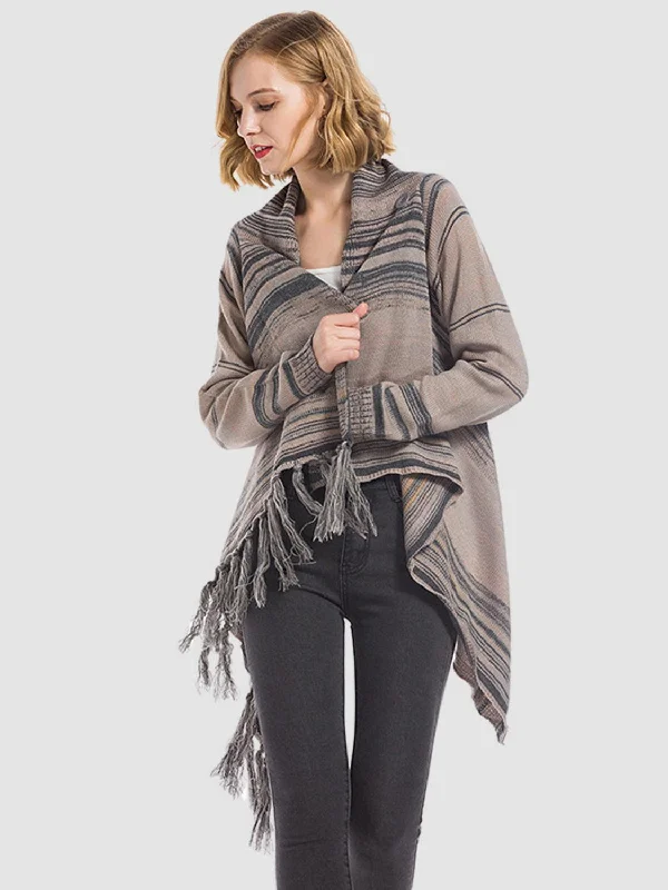 Angel Wings Tassel Striped Open Front Long Sleeve Cardigan Hooded Caped Shawl Collar Hooded Caped Shawl Collar