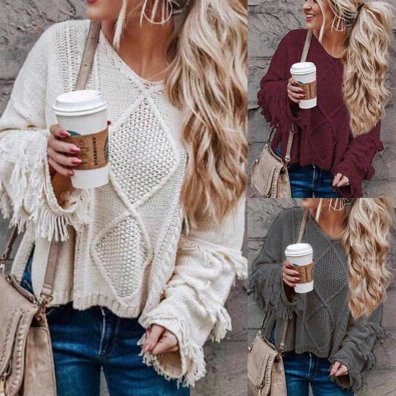 Tassels Solid Long Sleeves V-Neck Knit Top HC1213 Long Sleeve Knit Tee