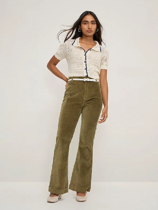 LOV Olive Corduroy High-Rise Cotton Trousers Trousers Culottes Wide Leg Trousers Culottes Wide Leg