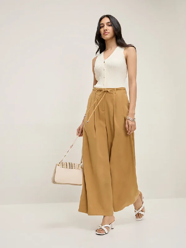 LOV Mustard High-Rise Wide-Leg Trousers with Belt Trousers Tapered Slim Fit Trousers Tapered Slim Fit