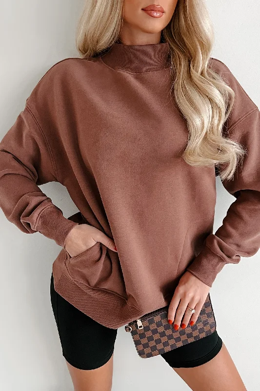 Cool Without Trying Mock Neck Sweatshirt With Pockets (Cocoa) Oversized Hoodie Comfort Casual Oversized Hoodie Comfort Casual