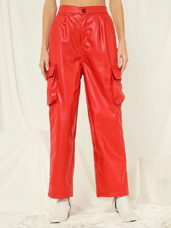 TANDUL  Women Regular Fit Red Faux Leather Trousers Trousers chic fashionable Trousers chic fashionable