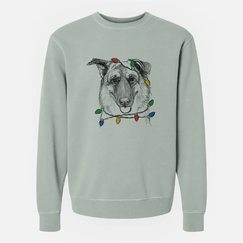 Christmas Lights Henry the German Shepherd - Unisex Pigment Dyed Crew Sweatshirt Hoodie with High-Low Hem Asymmetrical Trendy Hoodie with High-Low Hem Asymmetrical Trendy