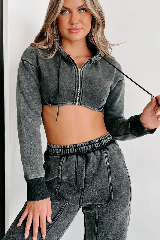 You're Gonna Miss Me Mineral Wash Crop Zipper Hoodie (Washed Black) Hoodie with Drawcord Adjustable Secure Hoodie with Drawcord Adjustable Secure