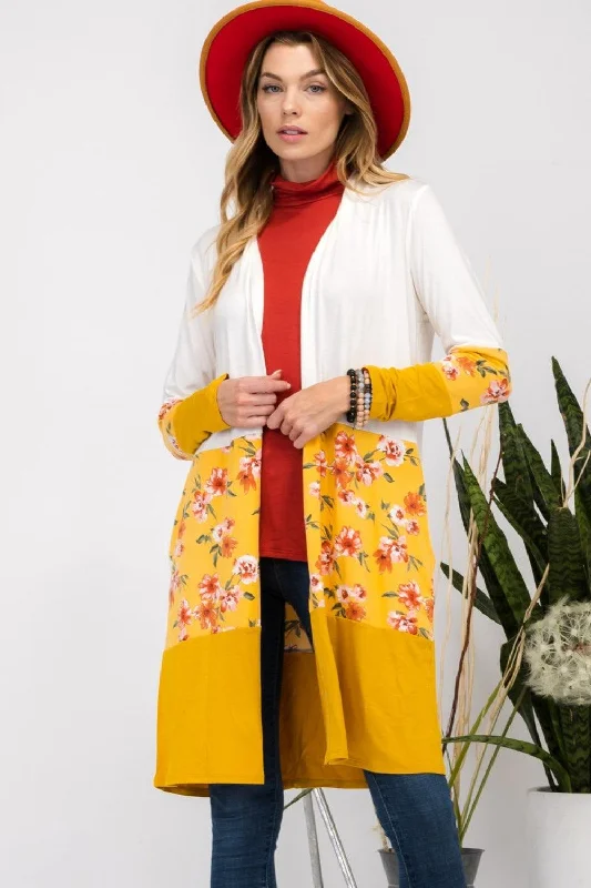 Celeste Full Size Floral Color Block Open Front Cardigan Fleece Cardigan Nylon Polyester Fleece Cardigan Nylon Polyester