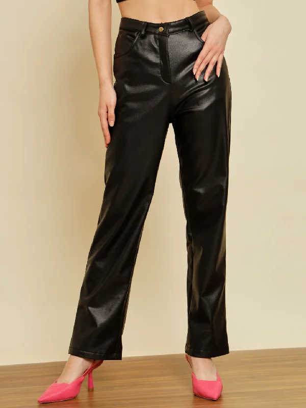 TANDUL  Women Regular Fit Black Faux Leather Trousers Trousers Chinos Classic Trousers Chinos Classic