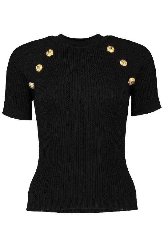 Short Sleeve 6 Button Knit Top - Noir Metallic Knit Tee