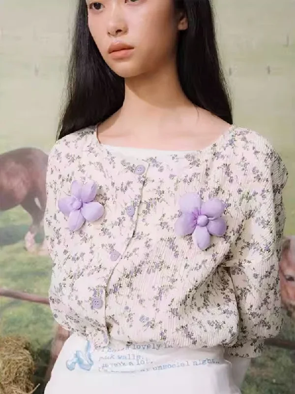 Good bow splicing floral cardigan【s0000007701】 Spandex Rayon Corduroy Spandex Rayon Corduroy