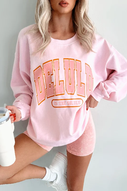 "Delulu Is The Solulu" Graphic Sweatshirt (Light Pink) Hoodie with Ribbed Neckline Snug Warm Hoodie with Ribbed Neckline Snug Warm