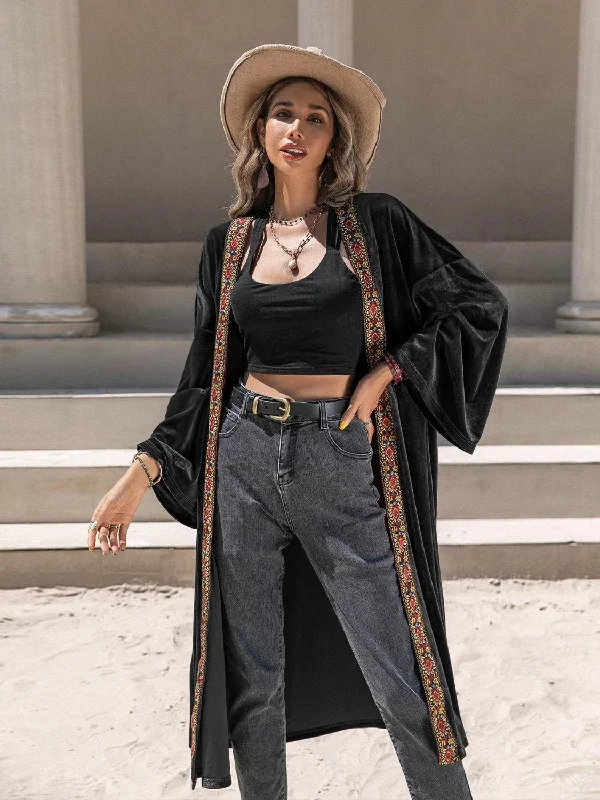 Printed Trim Open Front Flare Sleeve Cardigan Beaded Cardigan Sequined Faux Fur Beaded Cardigan Sequined Faux Fur