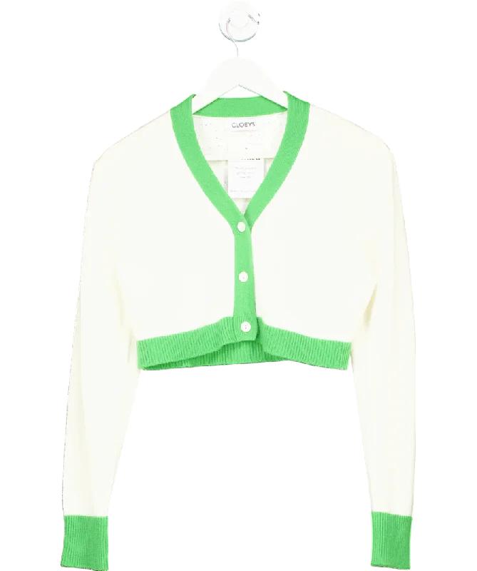 Cloeys White / green Softest 100% Cashmere Cropped Cardigan UK XS/S Notch Collar Peter Pan Collar Cowl Neck Notch Collar Peter Pan Collar Cowl Neck