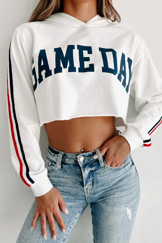 Varsity Squad "Gameday" Crop Hoodie Top (Ivory) Hoodie with Illustration Artistic Creative Hoodie with Illustration Artistic Creative