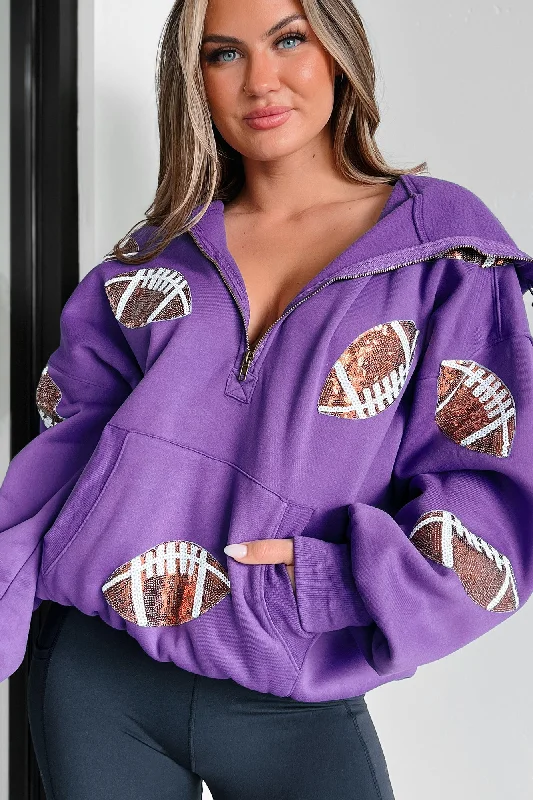 Kickoff Time Half-Zip Sequin Football Patch Hoodie (Purple) Hoodie with Zipper Placket Modern Functional Hoodie with Zipper Placket Modern Functional