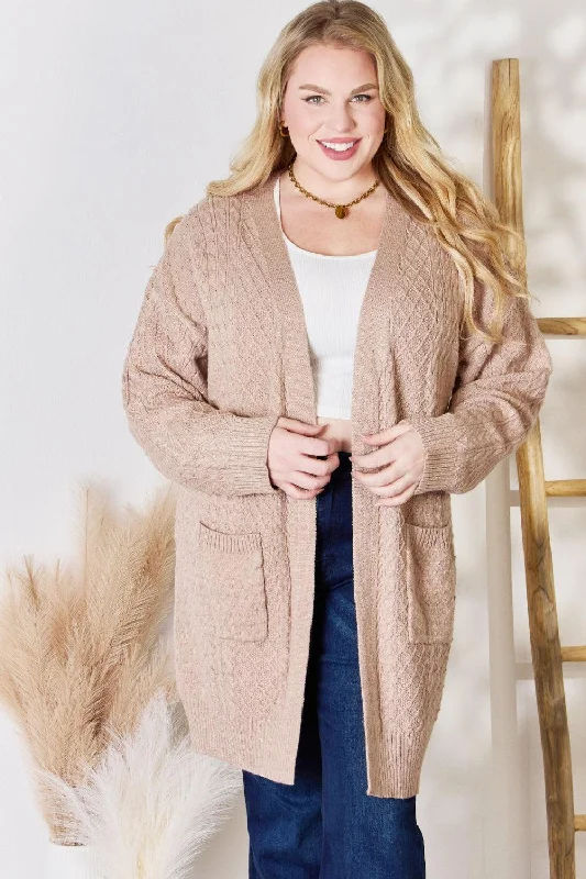 Hailey & Co Full Size Cable-Knit Pocketed Cardigan Hooded Cardigan Collared Cardigan Shawl Collar Hooded Cardigan Collared Cardigan Shawl Collar