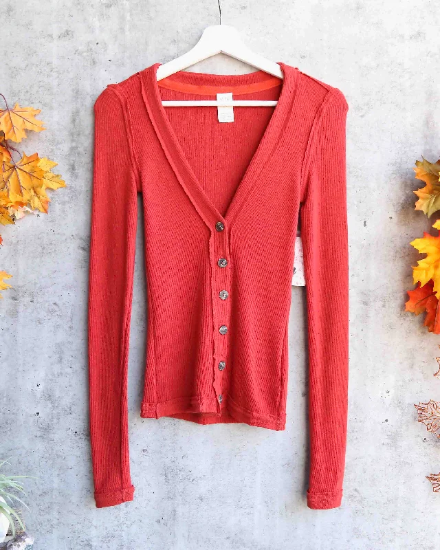 Free People - Call Me Cardi Fitted Button Down Cardigan Top - Red Knit Fabric Woven Fabric Fleece Fabric Knit Fabric Woven Fabric Fleece Fabric