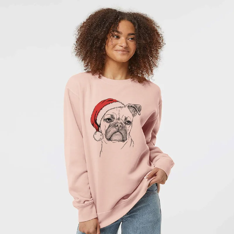 Santa Mack the Bugg (Boston Terrier/Pug) - Unisex Pigment Dyed Crew Sweatshirt Hoodie with Hem Drawcord Adjustable Customizable Hoodie with Hem Drawcord Adjustable Customizable