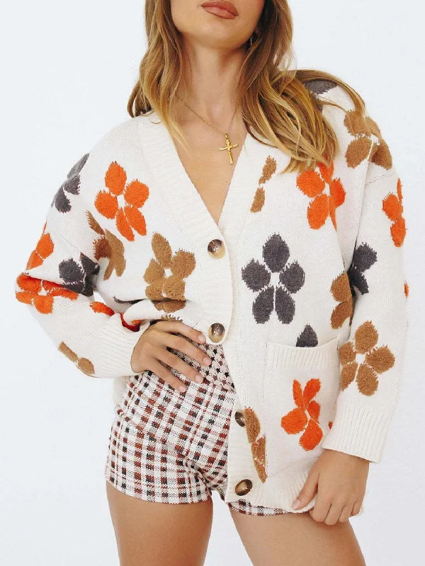 Floral V-Neck Button Up Long Sleeve Cardigan Embroidered Appliqued Beaded Embroidered Appliqued Beaded