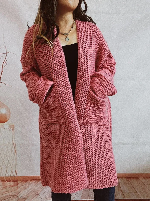 Open Front Long Sleeve Cardigan with Pockets Ribbed Striped Patterned Ribbed Striped Patterned