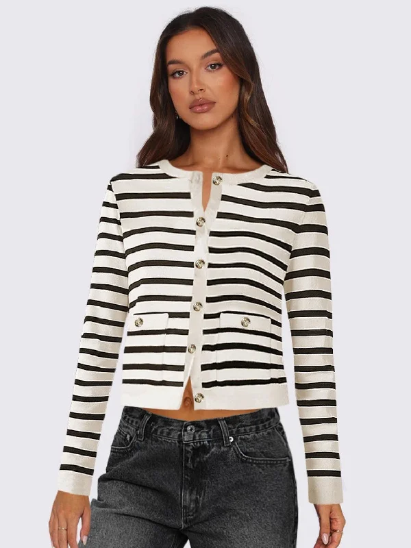 Striped Round Neck Button Up Long Sleeve Cardigan Slim Fit Regular Fit Oversized Slim Fit Regular Fit Oversized