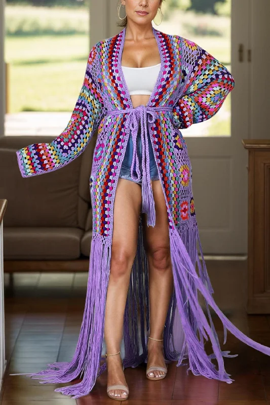 Fringe Tied Long Sleeve Cardigan Layered Multi-layer Single Layer Layered Multi-layer Single Layer