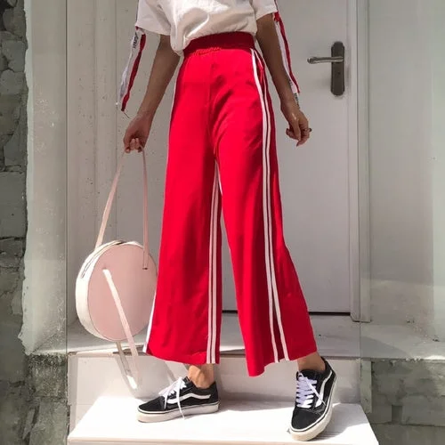 Casual Trousers Women 2018 Preppy Style Striped Side Split Elastic Waist Wide Leg Sweatpants Black Red pantalon femme B195 Trousers Elastic Waist Soft Trousers Elastic Waist Soft