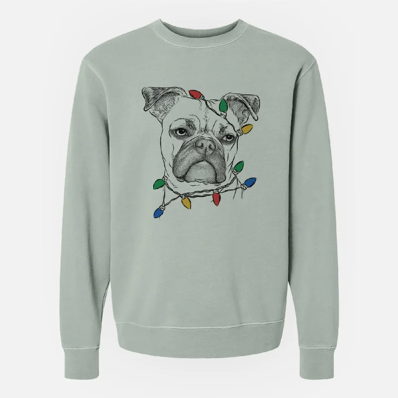 Christmas Lights Mack the Bugg (Boston Terrier/Pug) - Unisex Pigment Dyed Crew Sweatshirt Hoodie with Hem Ribbing Snug Secure Hoodie with Hem Ribbing Snug Secure