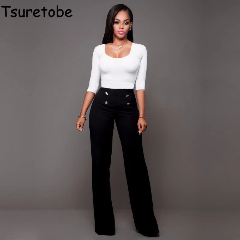 Tsuretobe 2017 High Waist Flare Pants Plus Size Women Trousers Female Office Lady Casual Wide Leg Pants Stretch Long Pant Trousers Yoga Stretchy Trousers Yoga Stretchy