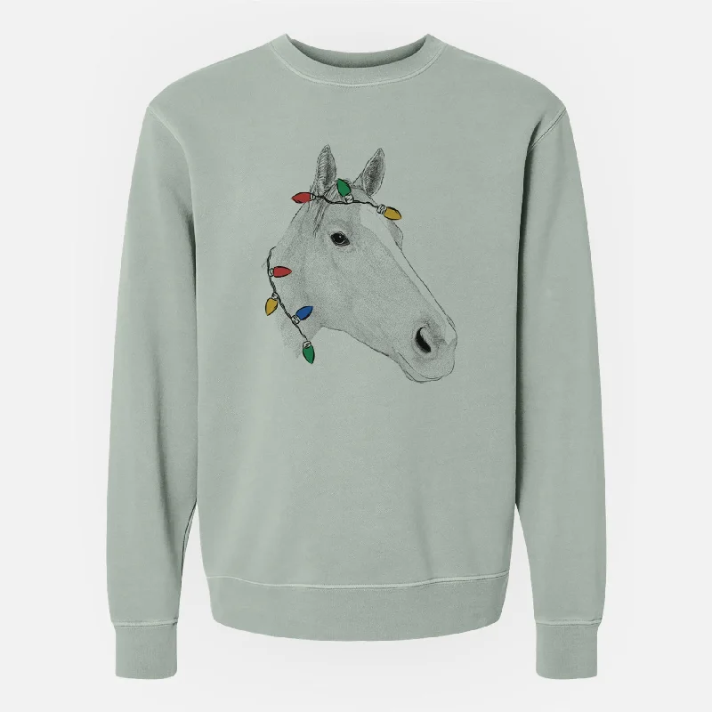 Christmas Lights Westley the Horse - Unisex Pigment Dyed Crew Sweatshirt Hoodie with Snap Buttons Easy Quick Hoodie with Snap Buttons Easy Quick