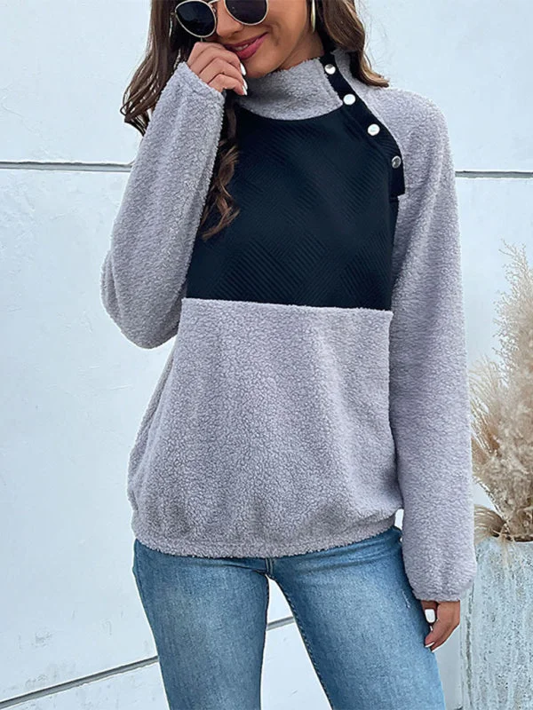 Women's High Pile Fleece Sweatshirt With Side Neck Button Fastening Hoodie with Button Classic Timeless Hoodie with Button Classic Timeless