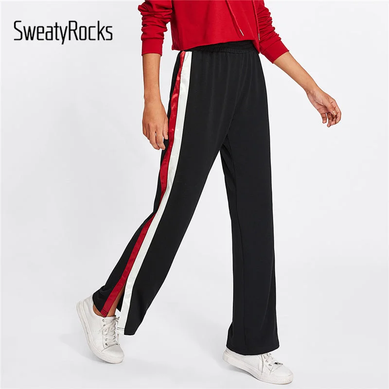 SweatyRocks Striped Slit Side Wide Leg Pants Women Casual Loose Preppy Style Trousers 2018 Spring Fall Elastic High Waist Pants Skinny Trousers Denim Stretchy Skinny Trousers Denim Stretchy