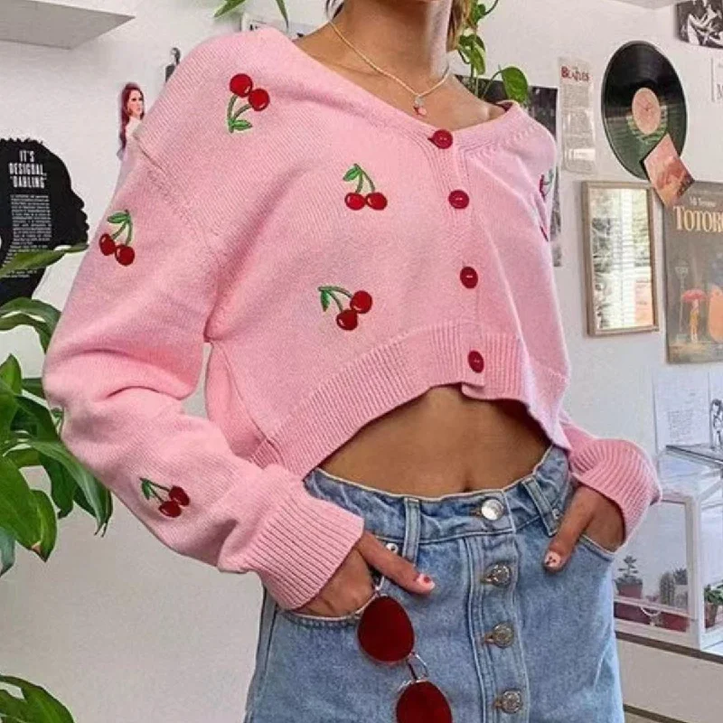 Cherry Button Down Cardigan Front Pockets Side Pockets Patch Pockets Front Pockets Side Pockets Patch Pockets