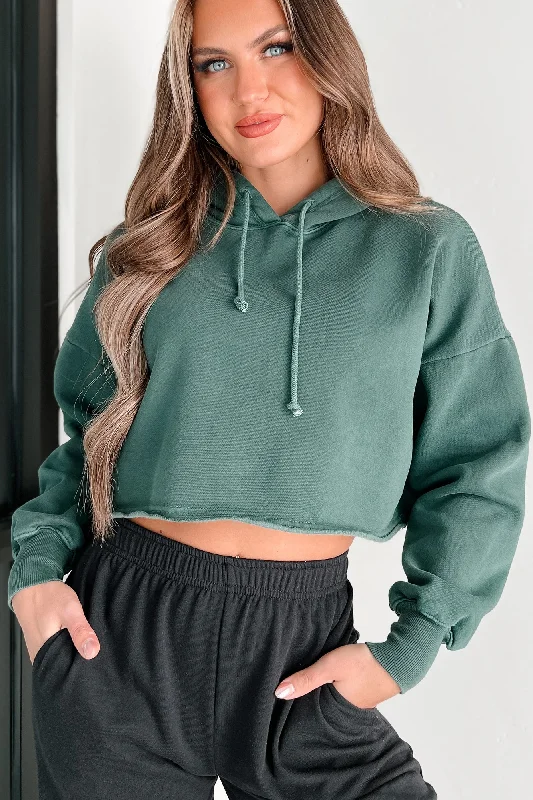 Clarissa Raw Hem Crop Hoodie (Deep Emerald) Hoodie with Rolled Sleeves Casual Relaxed Hoodie with Rolled Sleeves Casual Relaxed