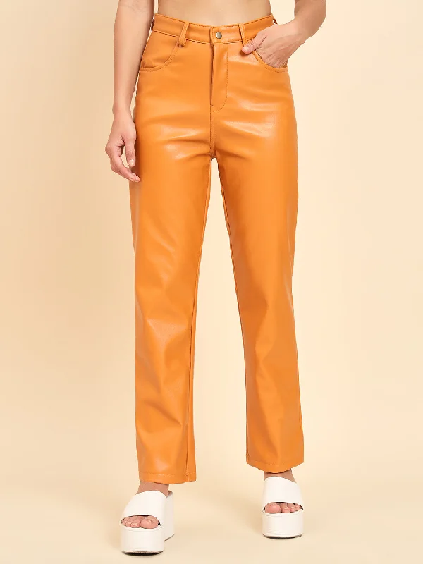 TANDUL Women Regular Fit Beige Faux Leather Trousers Trousers Sale Discount Trousers Sale Discount