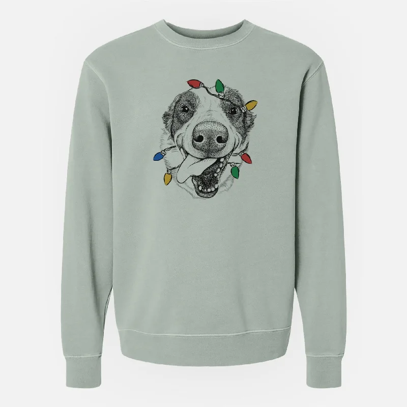 Christmas Lights Elwood the Border Collie - Unisex Pigment Dyed Crew Sweatshirt Hoodie with Embroidery Detailed Premium Hoodie with Embroidery Detailed Premium