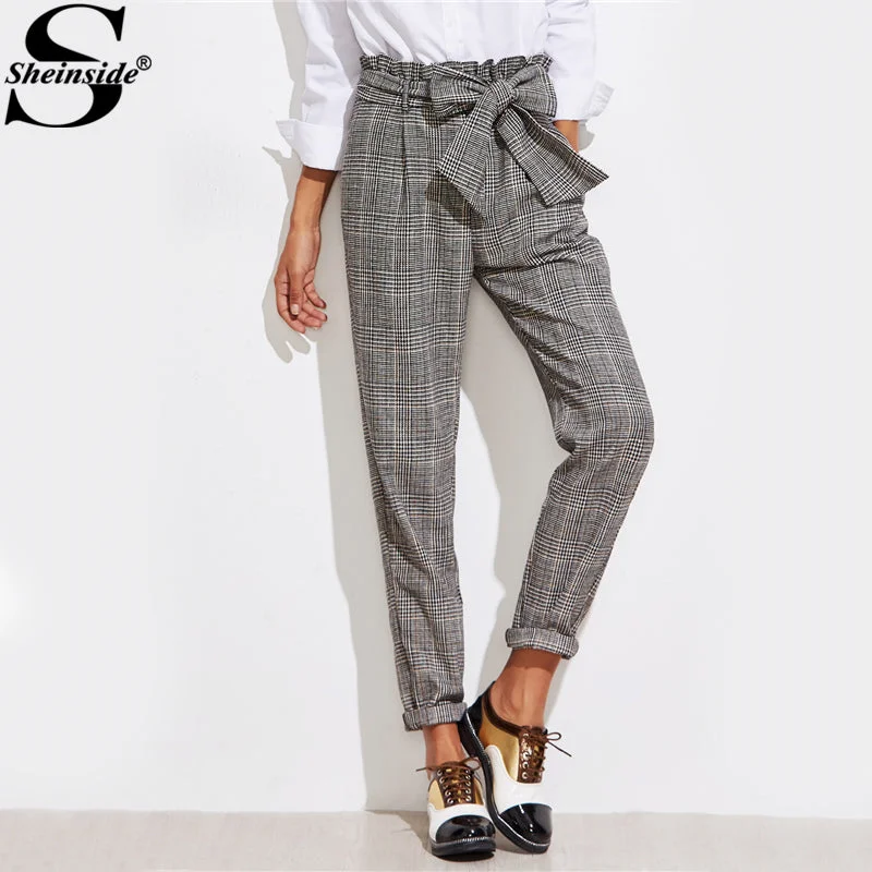 Sheinside Frill Belted Bow Waist Plaid Pants 2017 Mid Waist Long Straight Trouser With Zipper Fly Women Elegant Work Pants Trousers Leisure Comfortable Trousers Leisure Comfortable