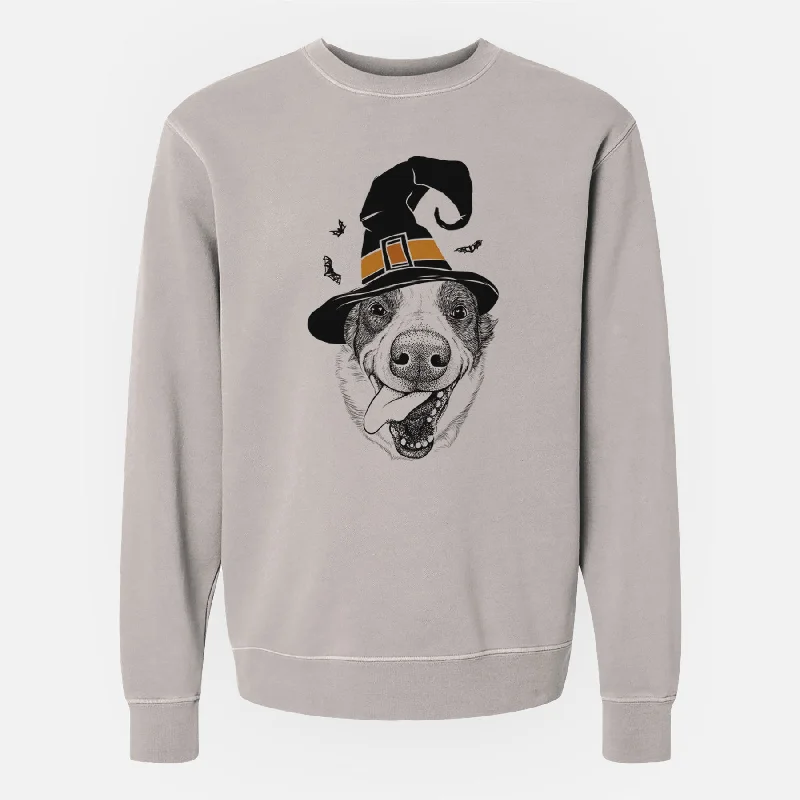 Witch Elwood the Border Collie - Unisex Pigment Dyed Crew Sweatshirt Hoodie with Print Artistic Unique Hoodie with Print Artistic Unique