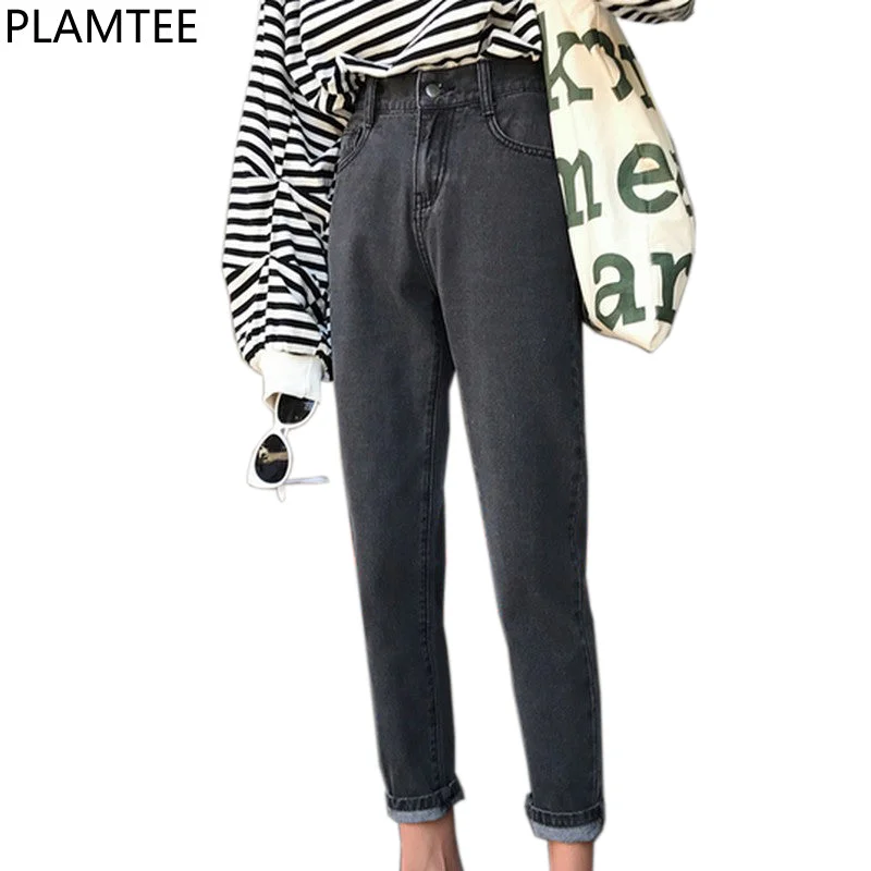 PLAMTEE Slim Jeans For Women Vintage High Waist Jeans Woman Solid Denim Harem Pants Stretch Waist Jean Trousers Warm Cowboy Pant Trousers Business Professional Trousers Business Professional