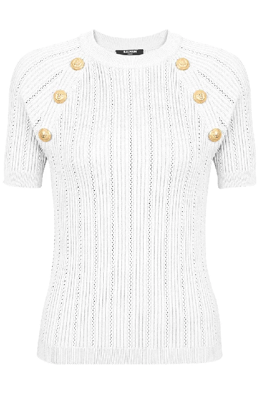 Short Sleeve 6 Button Knit Top - Blanc Bronze Knit Blouse