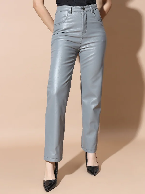 TANDUL Women Regular Fit Grey Faux Leather Trousers Trousers Exclusive Limited Trousers Exclusive Limited