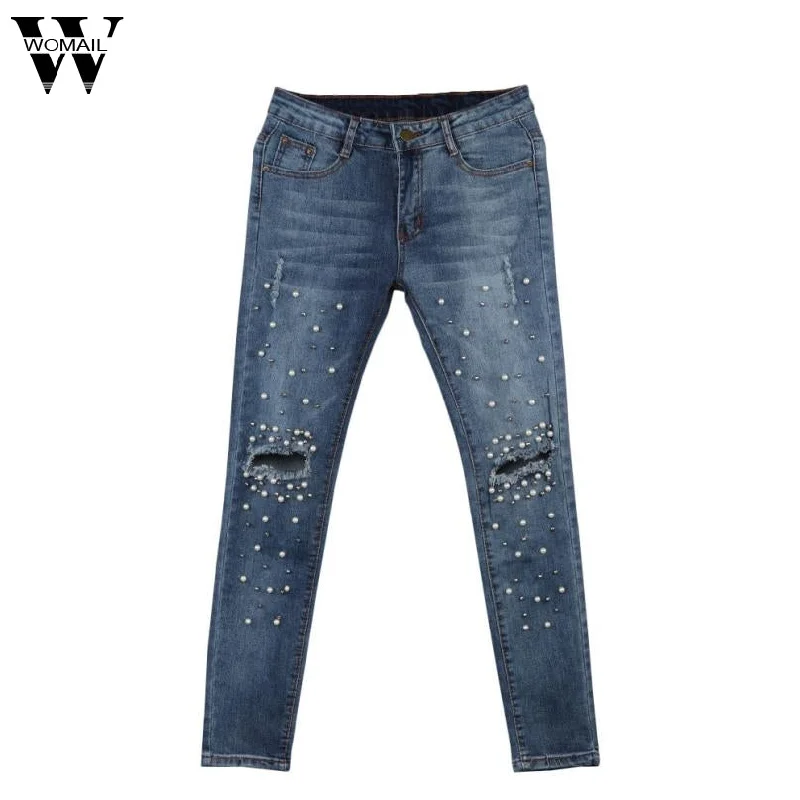 2017 Women Knee Hole Ripped Jeans Stretch Denim Pencil Pants Slim Fit Rivet Pearl Jeans Long Trousers Low Waist Cowboy O17 Trousers Office Stylish Trousers Office Stylish