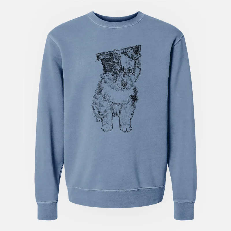 Doodled Bernie the Mini Aussie - Unisex Pigment Dyed Crew Sweatshirt Hoodie with Hem Embroidery Detailed Premium Hoodie with Hem Embroidery Detailed Premium