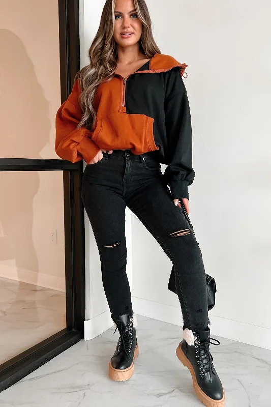 Autumn Splendor Colorblock Half-Zip Hoodie (Rust/Black) Hoodie with Oversized Fit Loose Comfortable Hoodie with Oversized Fit Loose Comfortable