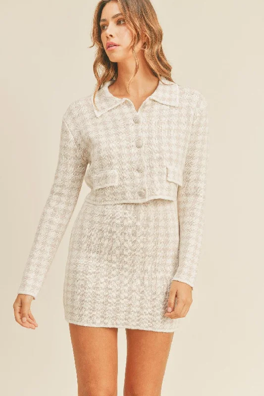 MABLE Houndstooth Cropped Knit Cardigan and Mini Skirt Set Stretchy Elastic Breathable Stretchy Elastic Breathable