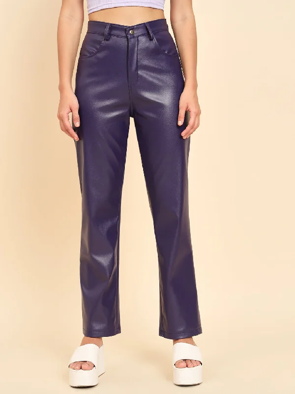 TANDUL Women Regular Fit Blue Faux Leather Trousers Trousers Favorite Customer Trousers Favorite Customer