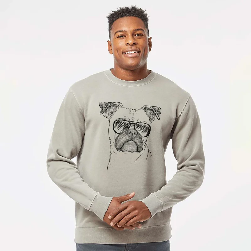 Aviator Mack the Bugg (Boston Terrier/Pug) - Unisex Pigment Dyed Crew Sweatshirt Hoodie with Hem Embroidery Detailed Premium Hoodie with Hem Embroidery Detailed Premium