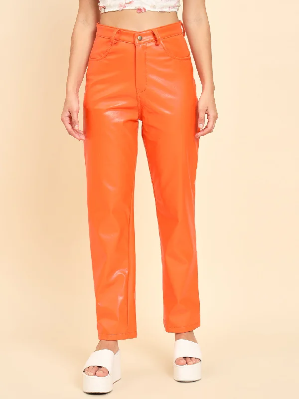 TANDUL Women Regular Fit Orange Faux Leather Trousers Trousers Custom Made Trousers Custom Made