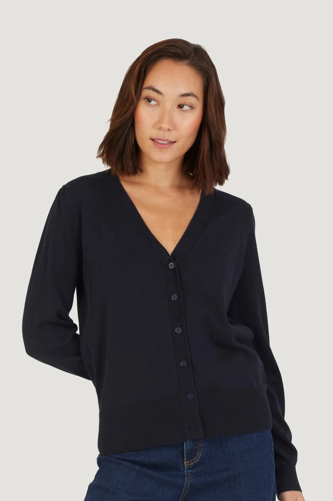 Thought Dotti Organic Cotton V-Neck Cardigan in Navy Open Front Closed Front Wrap Front Open Front Closed Front Wrap Front