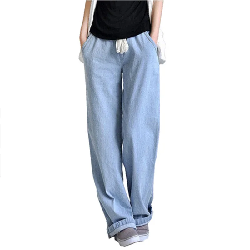 New Plus size comfortable Washed blue loose wide leg denim pants women's jeans elastic waist cowboy full long trousers pants Trousers Hiking Durable Trousers Hiking Durable