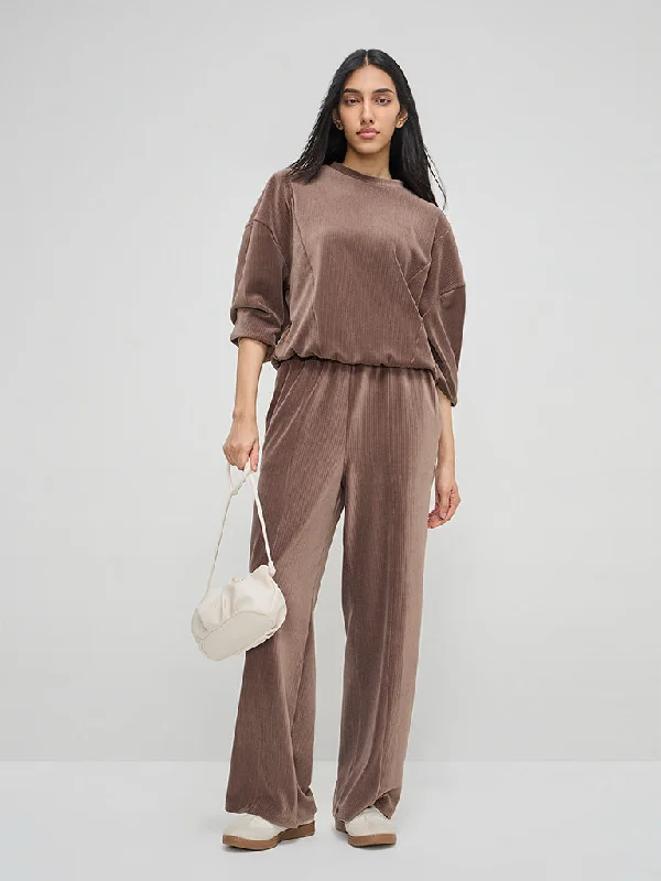 LOV Taupe Self-Striped Velveteen High-Rise Trousers Trousers High Rise Slim Fit Trousers High Rise Slim Fit